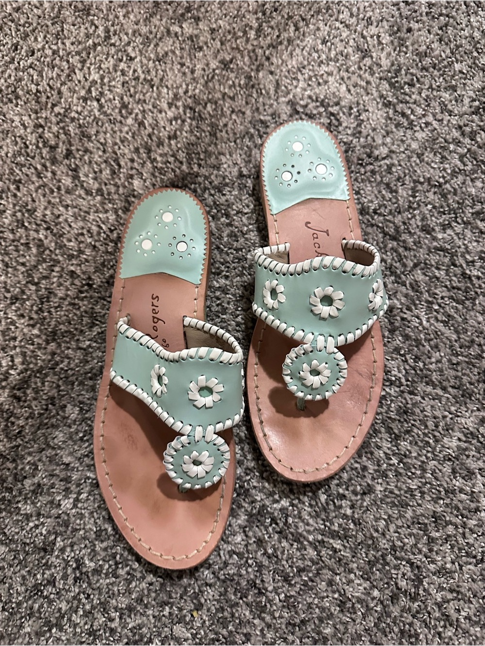 Jack Rogers Mint Green Floral Whipstitch Thong Sandals